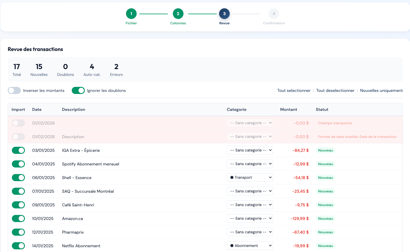 Validation des transactions CSV