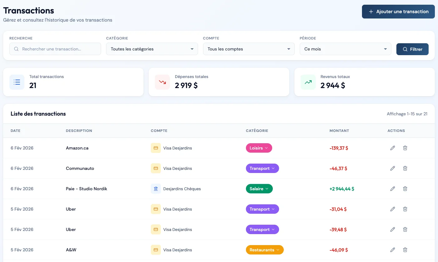 Transaction list with categories and amounts in Piastro